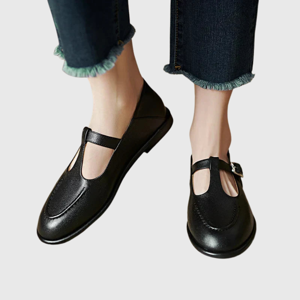 Retro dames schoenen met T-band, ronde neus en lage hak in effen afwerking