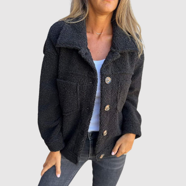 Warme teddy jas voor dames met grote voorzakken, kraag en knoopsluiting