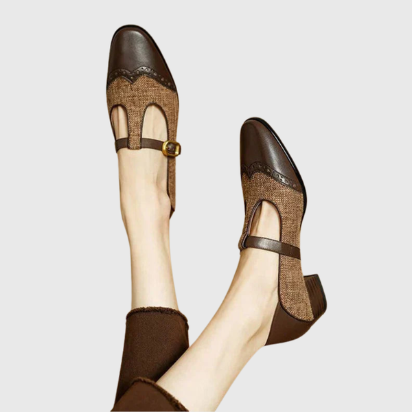 Vintage schoenen met T-bandjes, gouden gesp en lage hak in een klassieke bruine tint