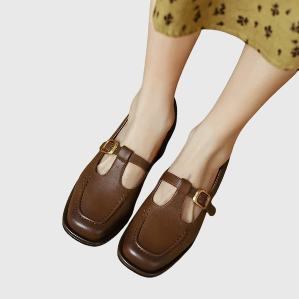Zwarte T-band schoenen met vierkante neus, gouden gesp en lage blokhak voor dames