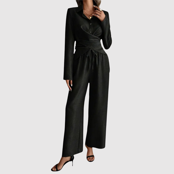 Carlijn dames blouse- en broekset met strikdetail