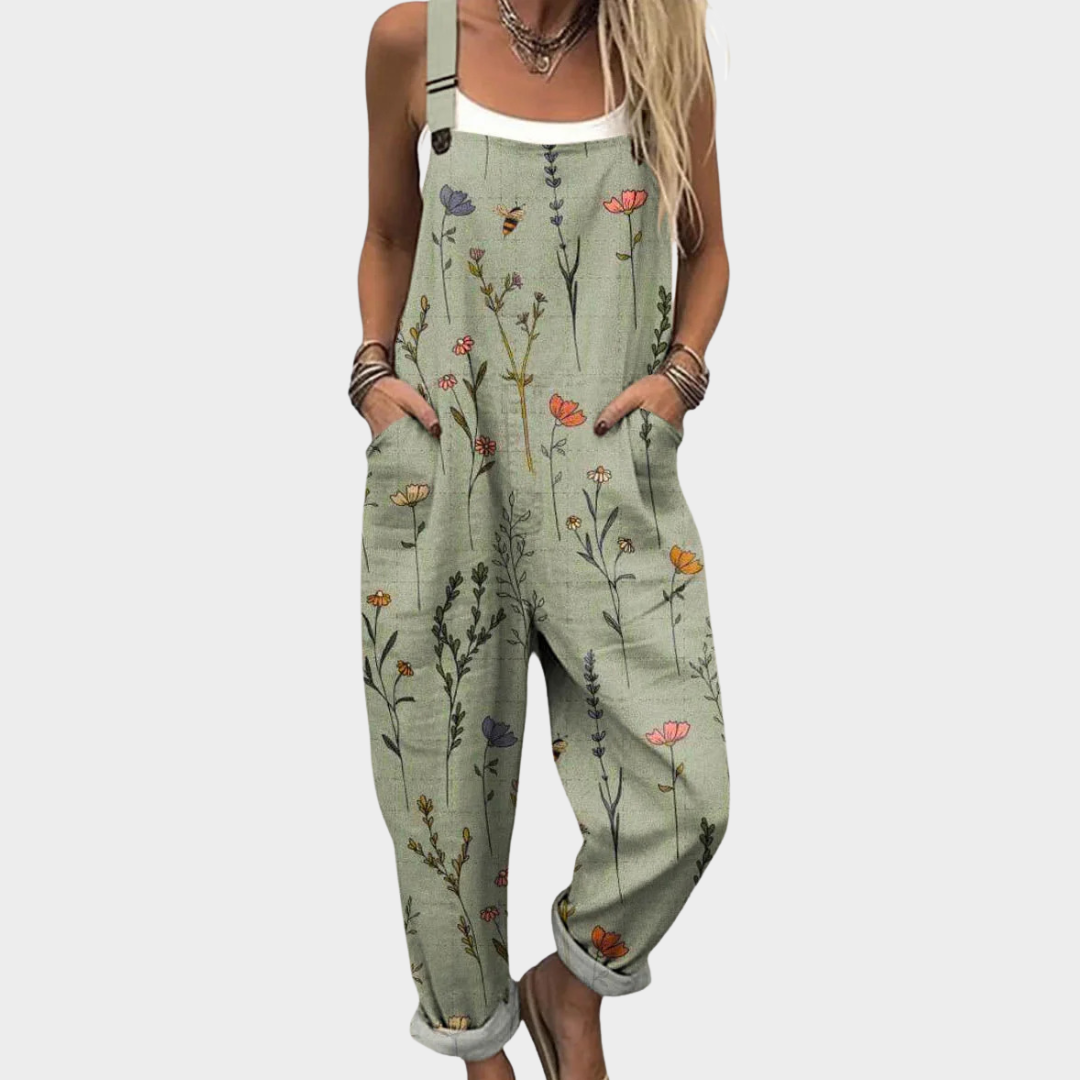Comfortabele dames tuinbroek met kleurrijke bloemenprint en verstelbare bandjes