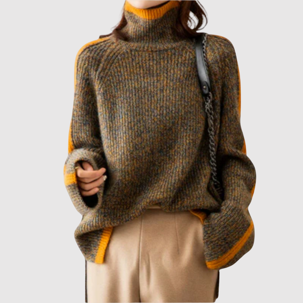 Elegante gebreide dames trui met contrastdetails aan hals en mouwen, ruime pasvorm