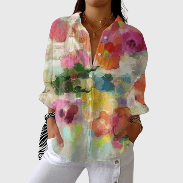 Lichte zomerblouse met vrolijke print in frisse kleuren en luchtige lange mouwen