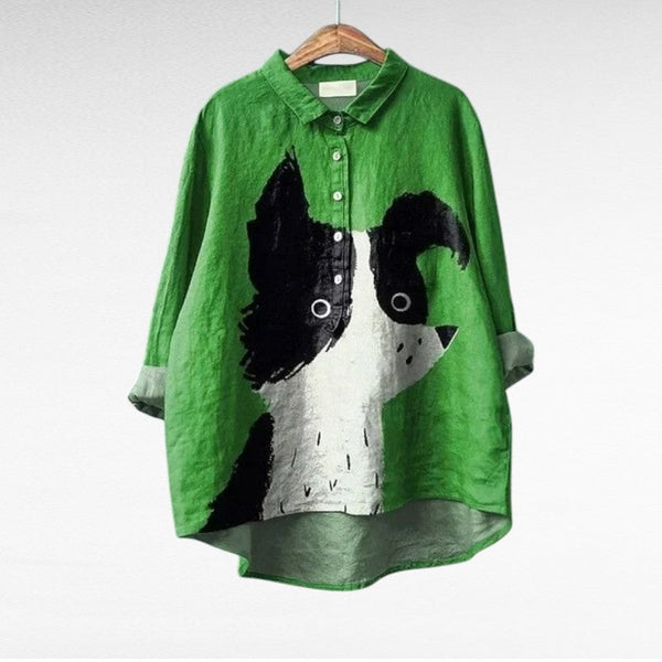 Luchtige zomerblouse met artistieke print en lange mouwen in zachte kleuren