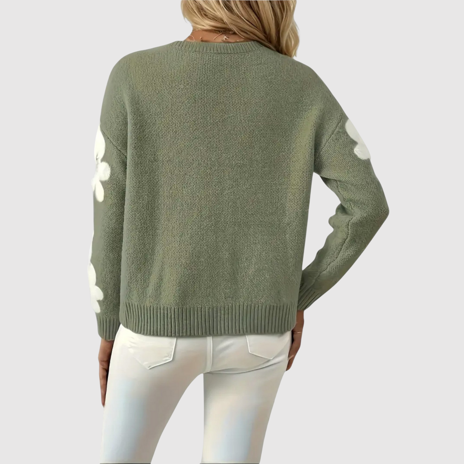 Gebreide trui met contrastmouwen in afwijkende kleur en ronde hals voor dames