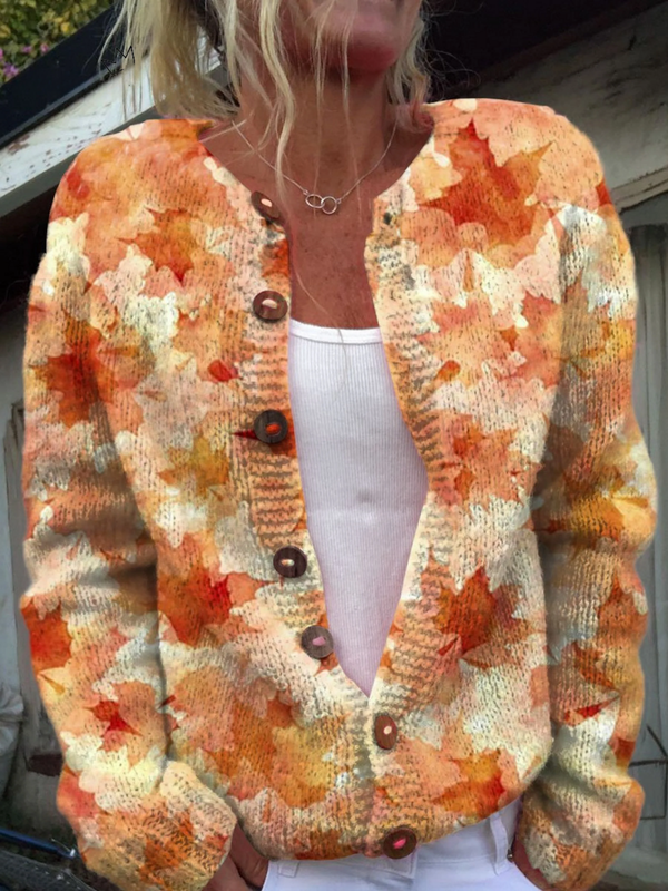 Caroline dames gebreid vest met herfstbladeren