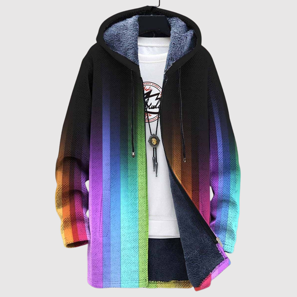 Sweater met kleurverloop in regenboogtinten die rondom in elkaar overlopen en zachte fleece