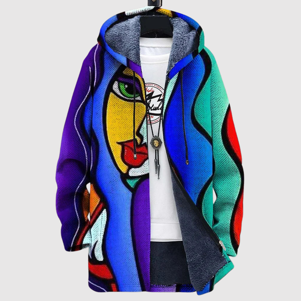 Hoodie met artistieke gezichtsprint in schilderachtige tinten en een ruime unisex pasvorm