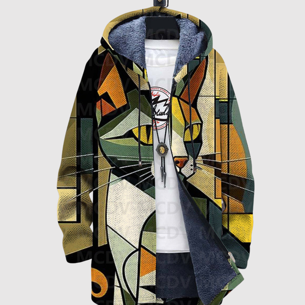 Hoodie met kattenprint in warme gouden tinten op een donkere ondergrond en ruime pasvorm