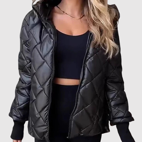 Elegante gewatteerde dames winterjas met slanke lijn, capuchon en diepe zakken