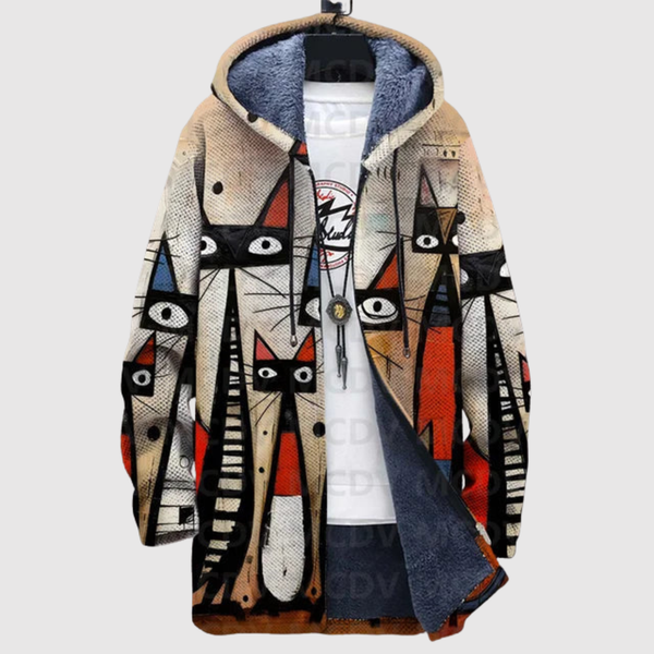 Sweater met artistieke kattenprint in losse penseelstreken en zachte warme binnenkant