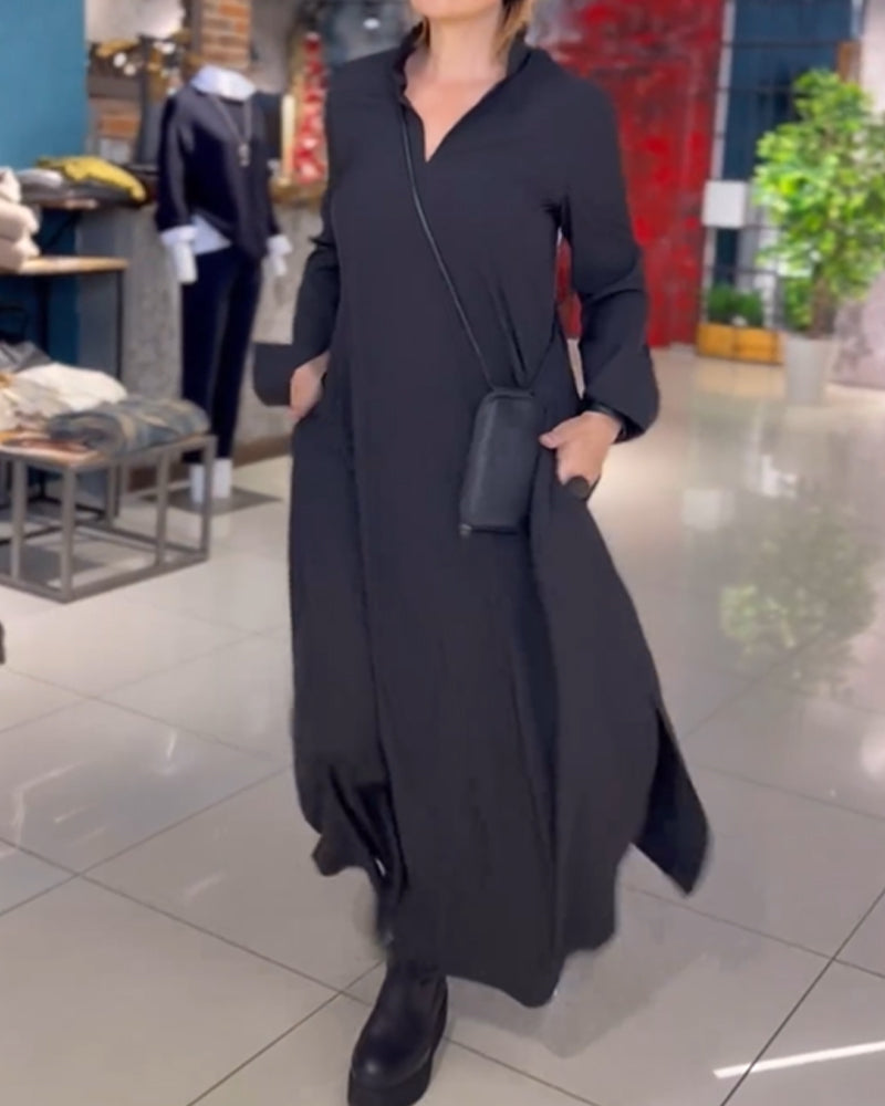 Losse maxi jurk voor dames in effen kleur met reverskraag en lange mouwen