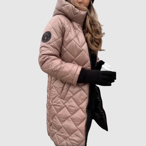 Elegante lange gewatteerde dames winterjas met capuchon en diepe steekzakken