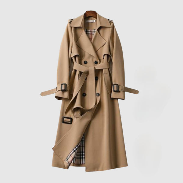 Lange damesjas met ceintuur in de taille en klassieke revers in effen kleur