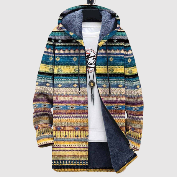 Hoodie met folkloreprint in warme tinten roest, oker en diep rood met ruime pasvorm