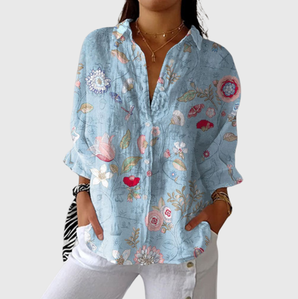 Kleurrijke damesblouse met bloemenprint, verstelbare mouwen en nette knoopsluiting