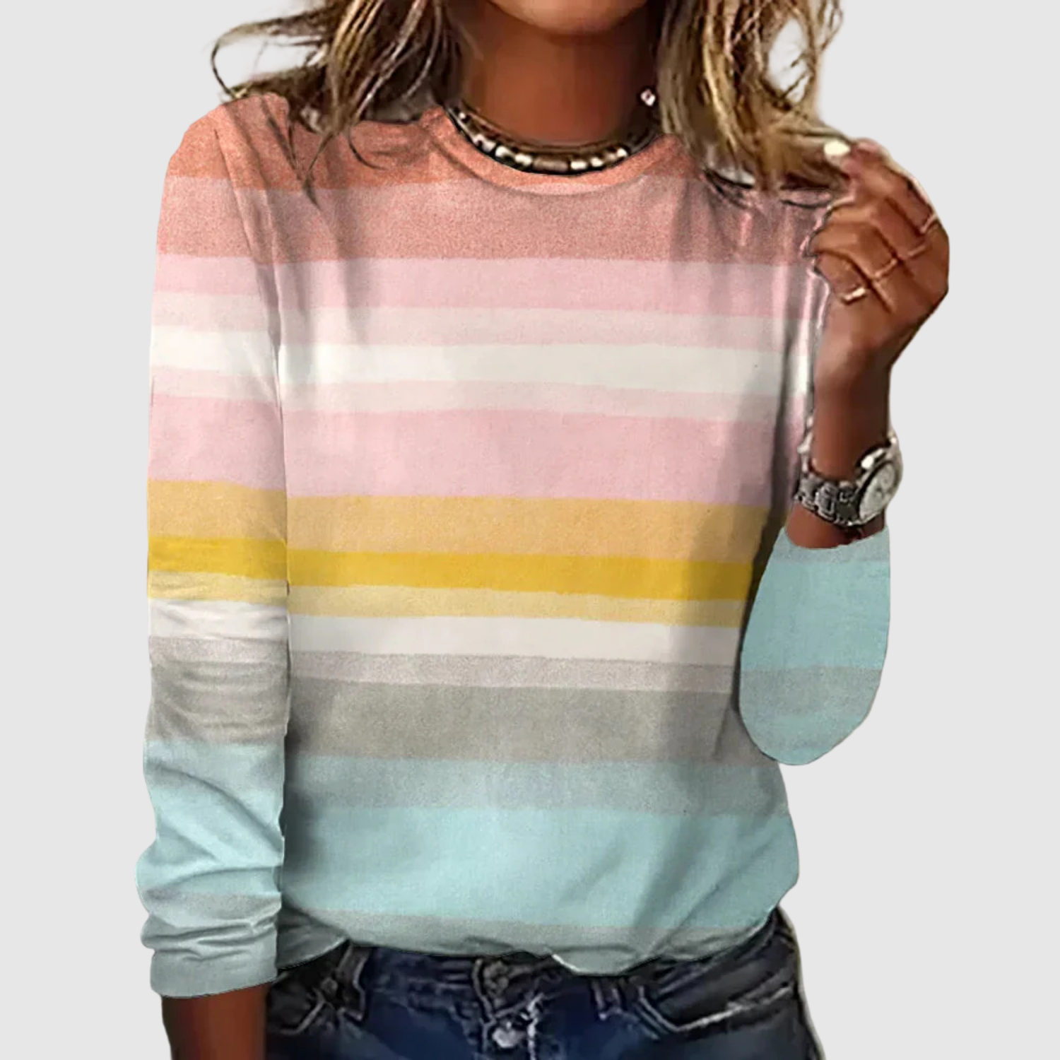 Gebreide trui met regenboogpatroon in zachte pasteltinten voor dames