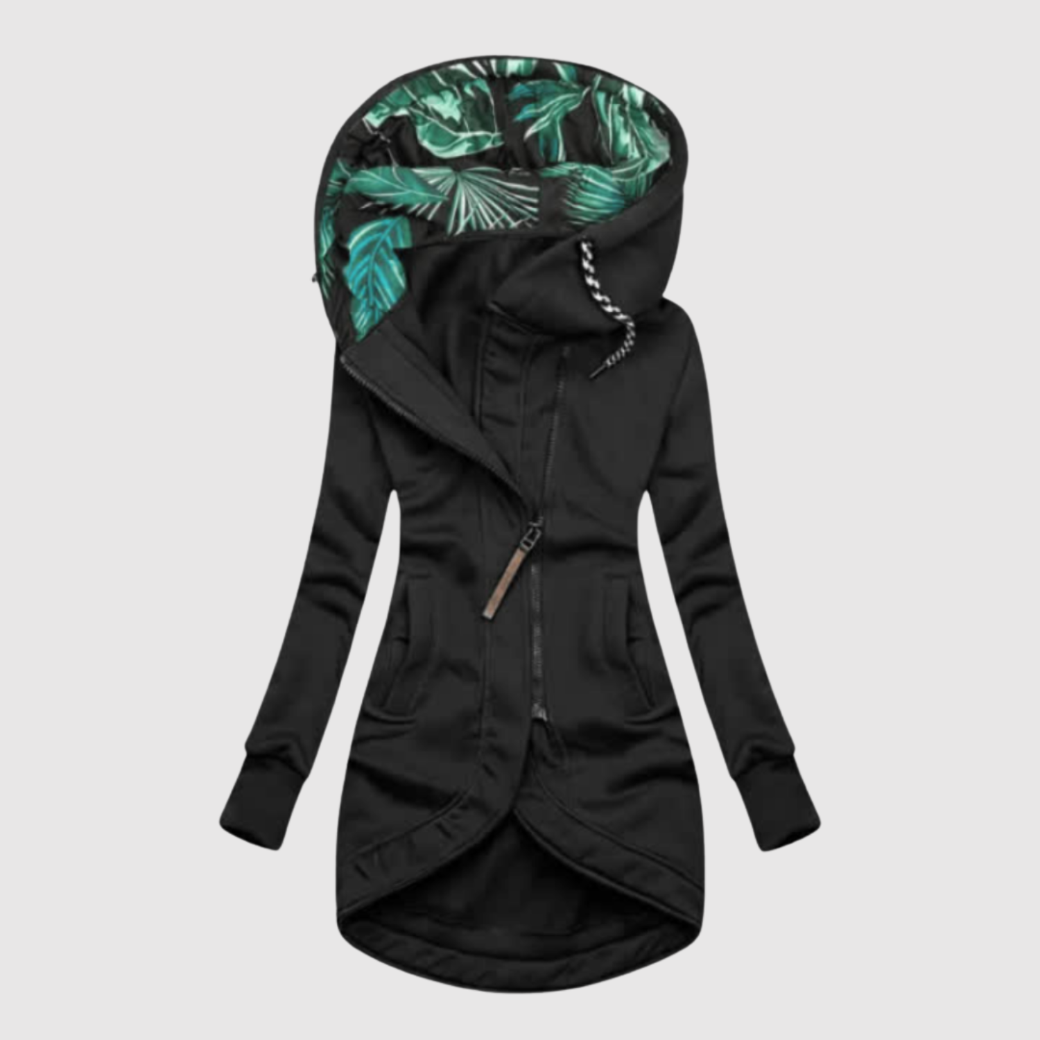 Elegante lange dames parka met capuchon en diepe steekzakken in effen kleur