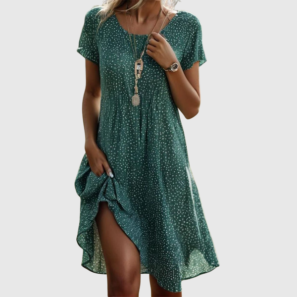 Vrolijke zomerjurk met kleurrijke bloemenprint, V-hals en asymmetrische zoom