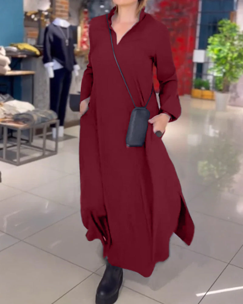 Losse maxi jurk voor dames in effen kleur met reverskraag en lange mouwen