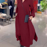 Losse maxi jurk voor dames in effen kleur met reverskraag en lange mouwen