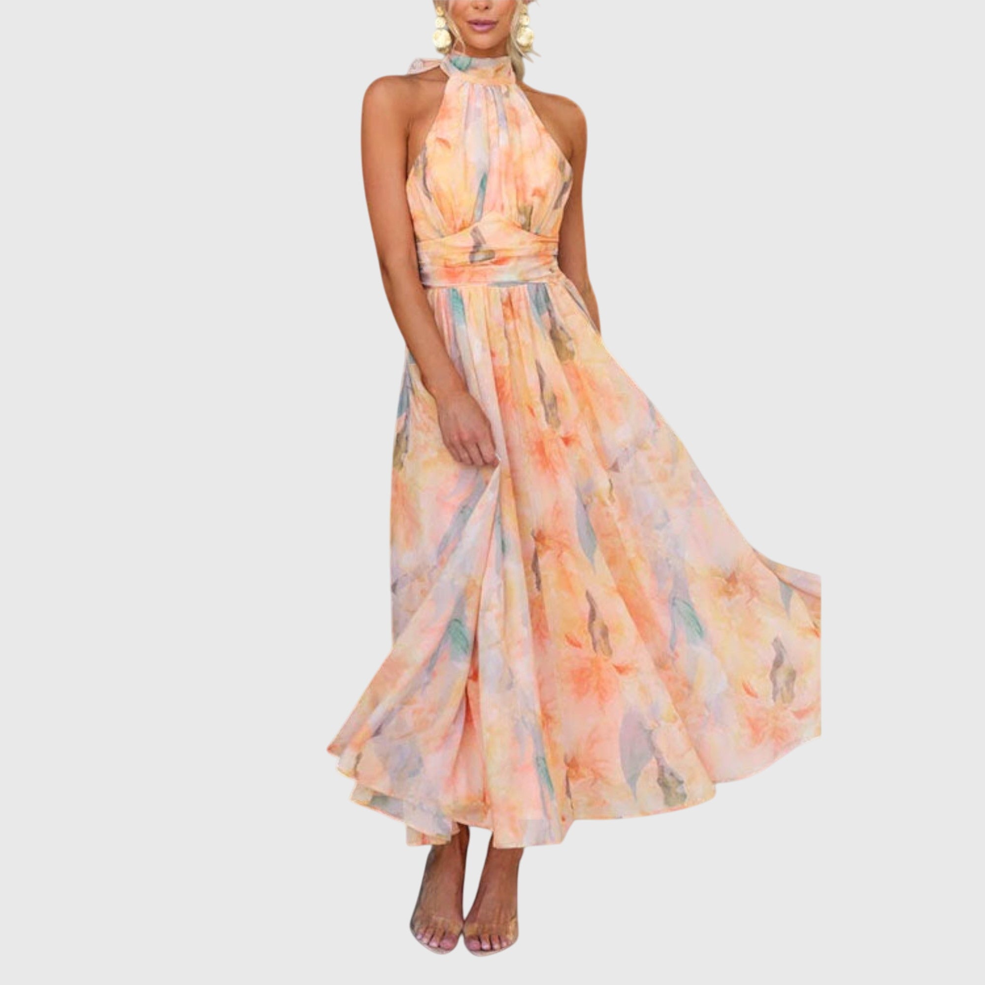 Maxi jurk met open rug en kleurrijke aquarelprint en vloeiende rok voor dames