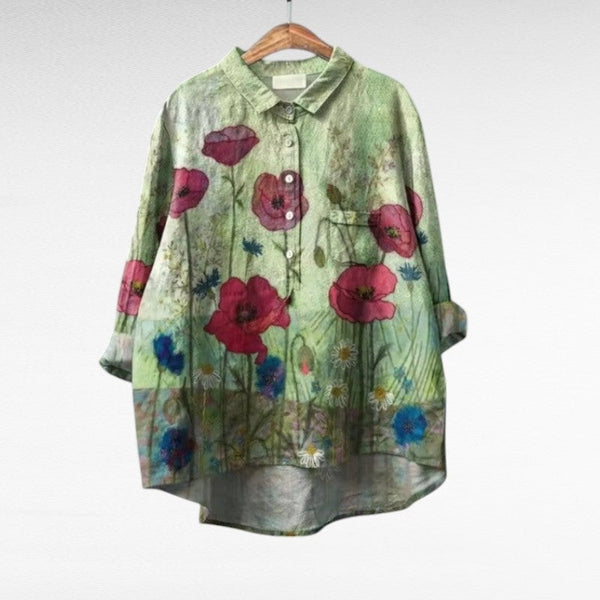 Elegante dames zomerblouse met lange mouwen en verfijnde artistieke print