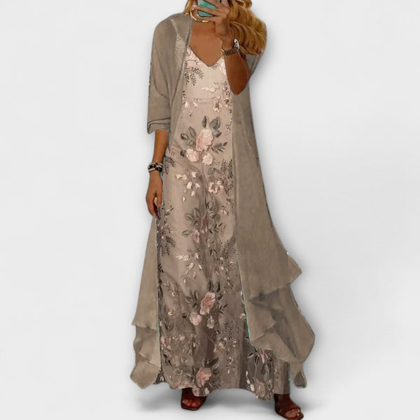 Elegante tweedelige maxi-jurk set in koffiekleurige print met bijpassend licht jasje