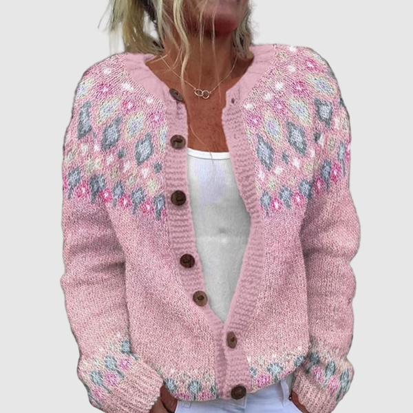 Kleurrijk dames vest met klassiek gebreid motief in warme tinten