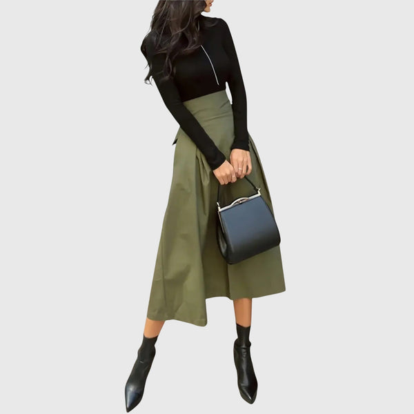 Uitlopende dames midirok met chique ceintuur in de taille en flatterend silhouet