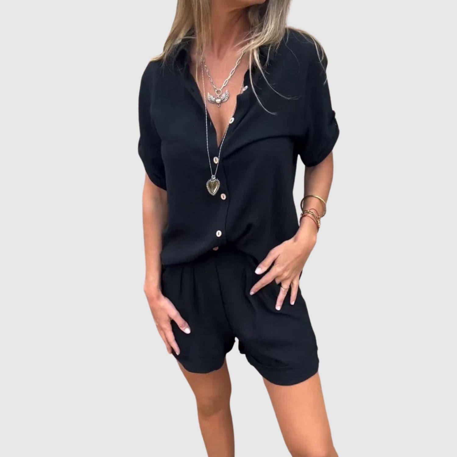 Saskia dames relaxte blouse- en shortset