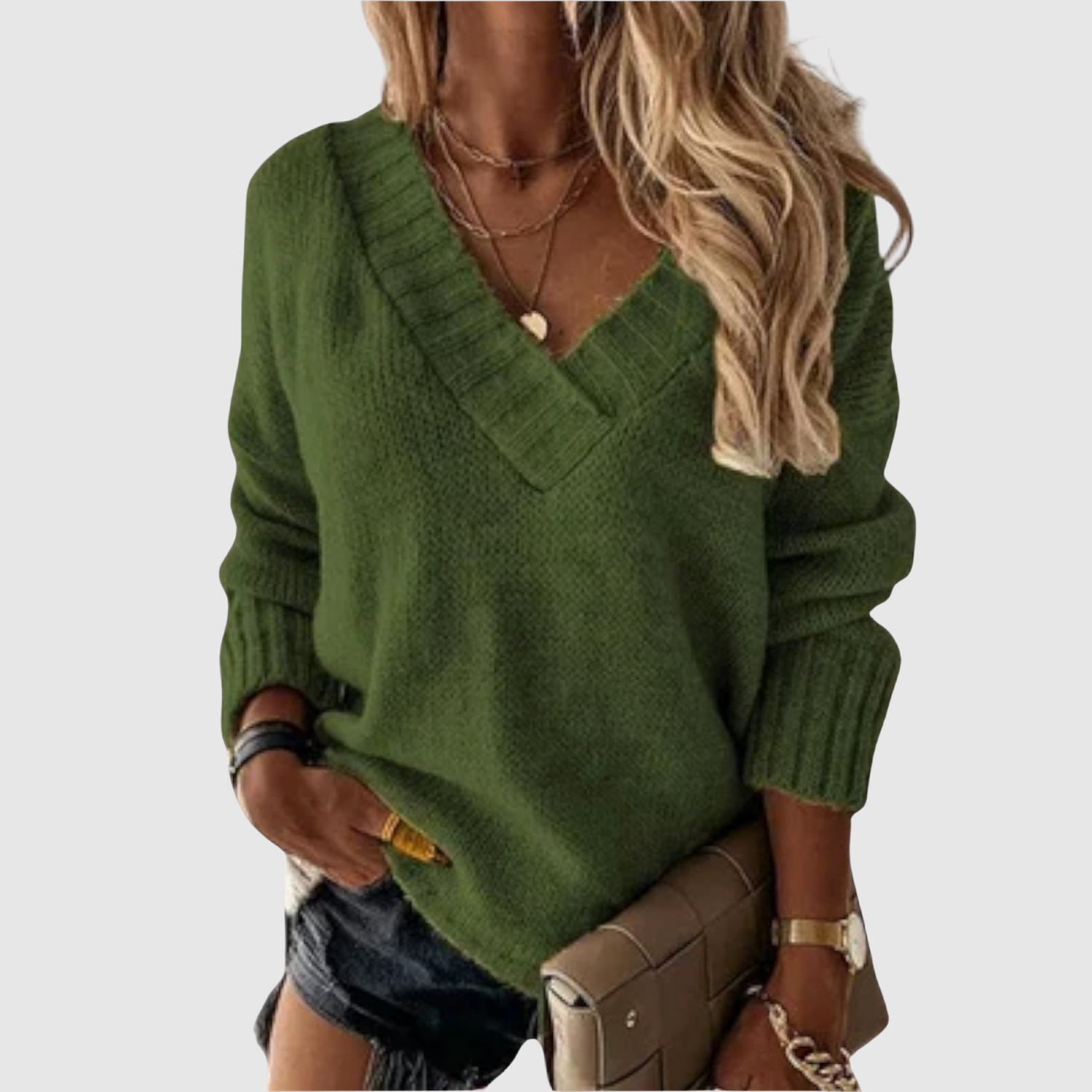 Gebreide trui met V-hals in effen breistof voor dames, mooi over een blouse