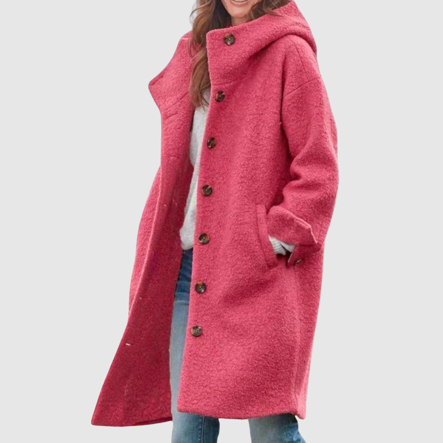 Bouclé mantel met capuchon en grote sierknopen in zachte gemêleerde stof voor dames