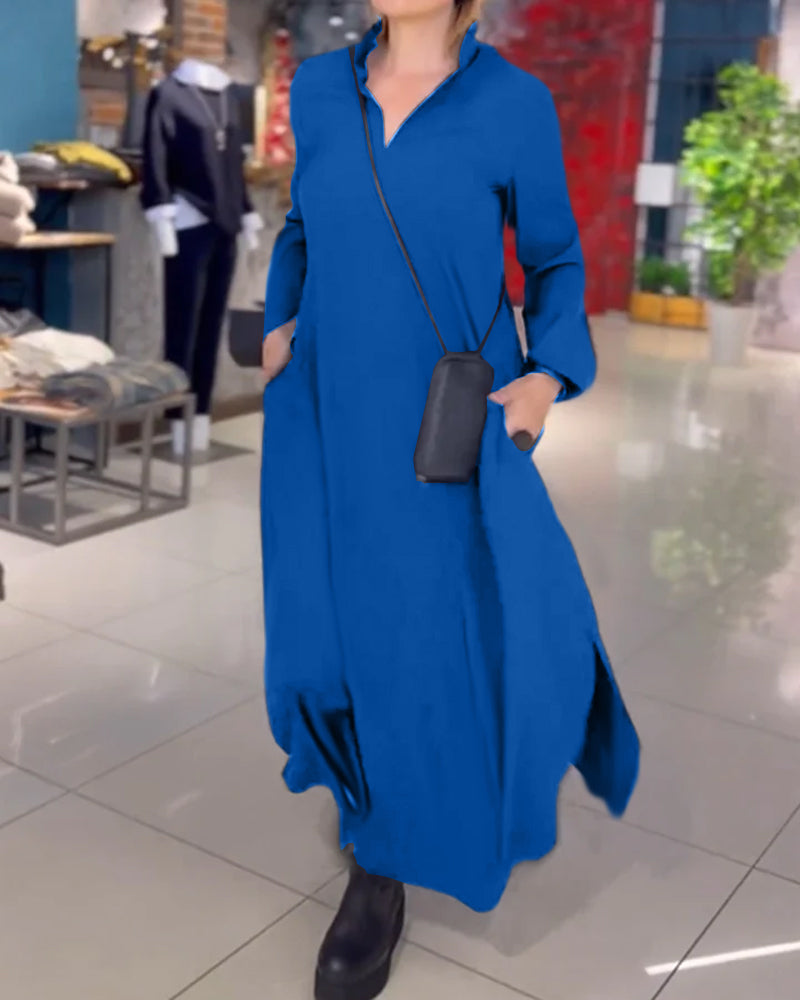 Losse maxi jurk voor dames in effen kleur met reverskraag en lange mouwen