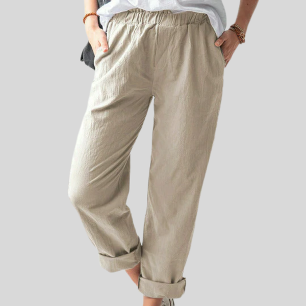 Soepele broek met zachte structuur, rechte pijp en elastische taille in een rustige tint