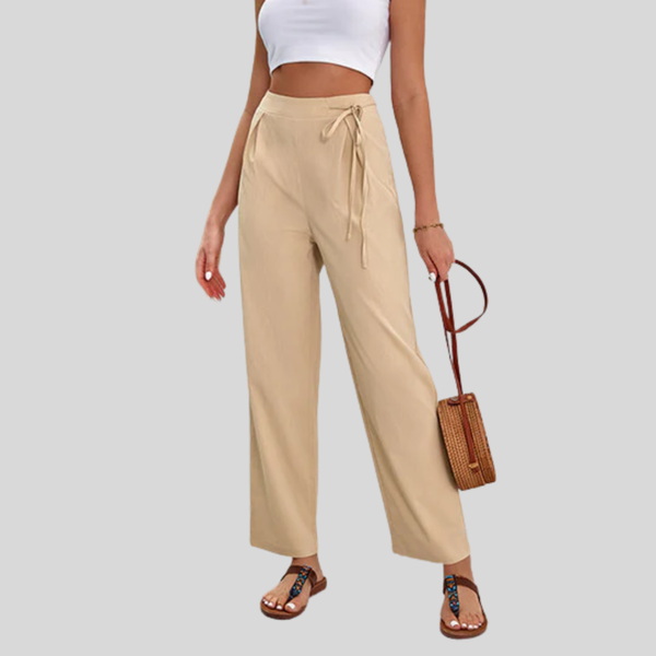 Elegante wijde damesbroek in diepe kleur met hoge taille, knoopdetail en brede pijpen