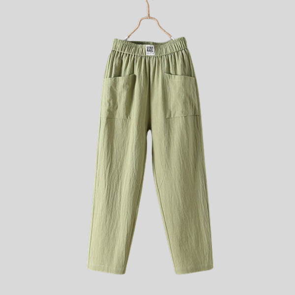 Wijde dames broek van katoen-linnenmix met elastische taille en diepe kleppenzakken