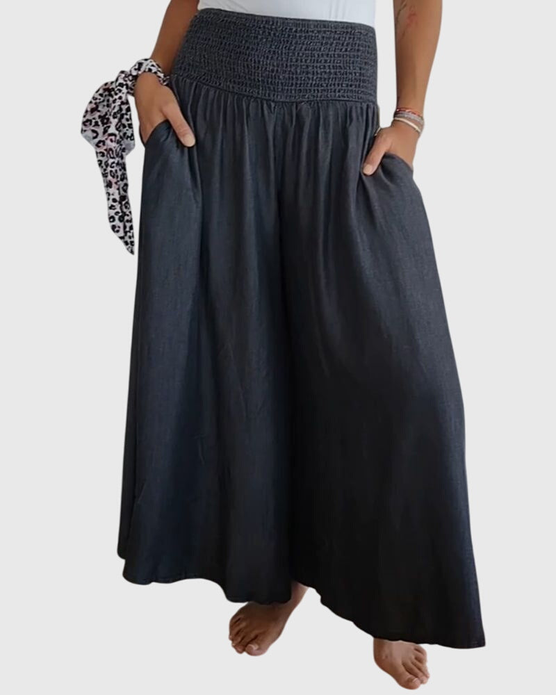 Comfortabele dames broek in denimlook met hoge elastische taille en wijde pijpen