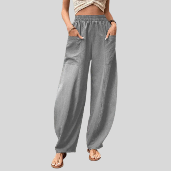 Wijde broek met hoge elastische taille en grote opgestikte zakken in een luchtige linnenmix