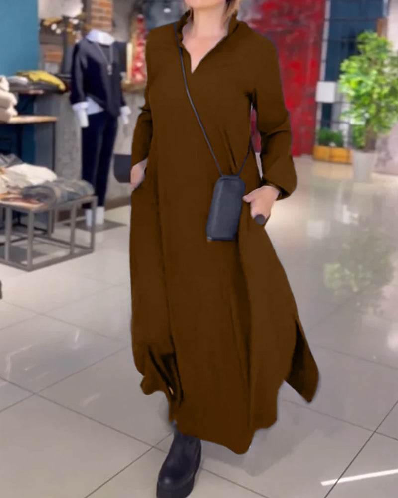 Losse maxi jurk voor dames in effen kleur met reverskraag en lange mouwen