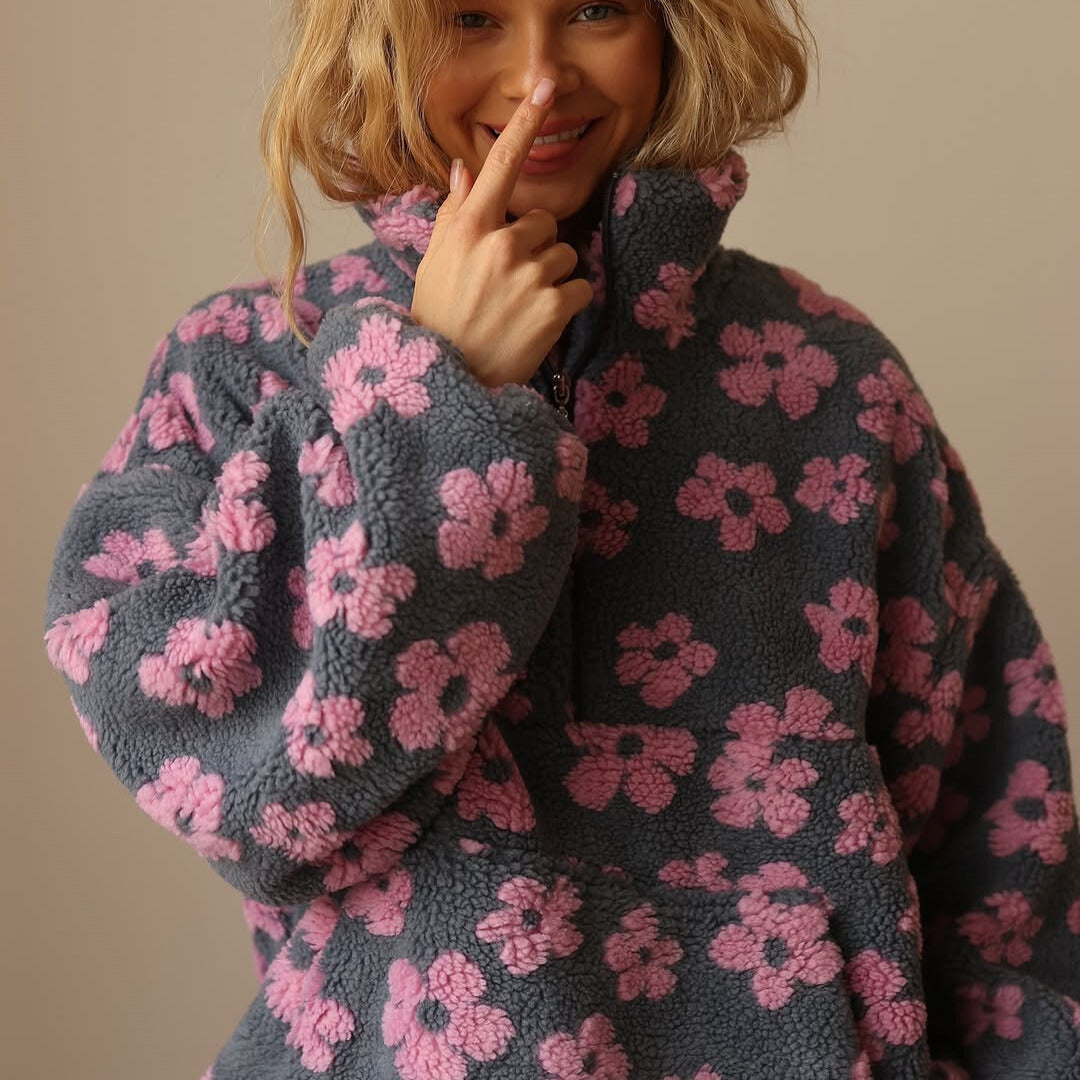 Zachte fleece dames trui met kleurrijke bloemenprint en lange mouwen, ruime pasvorm