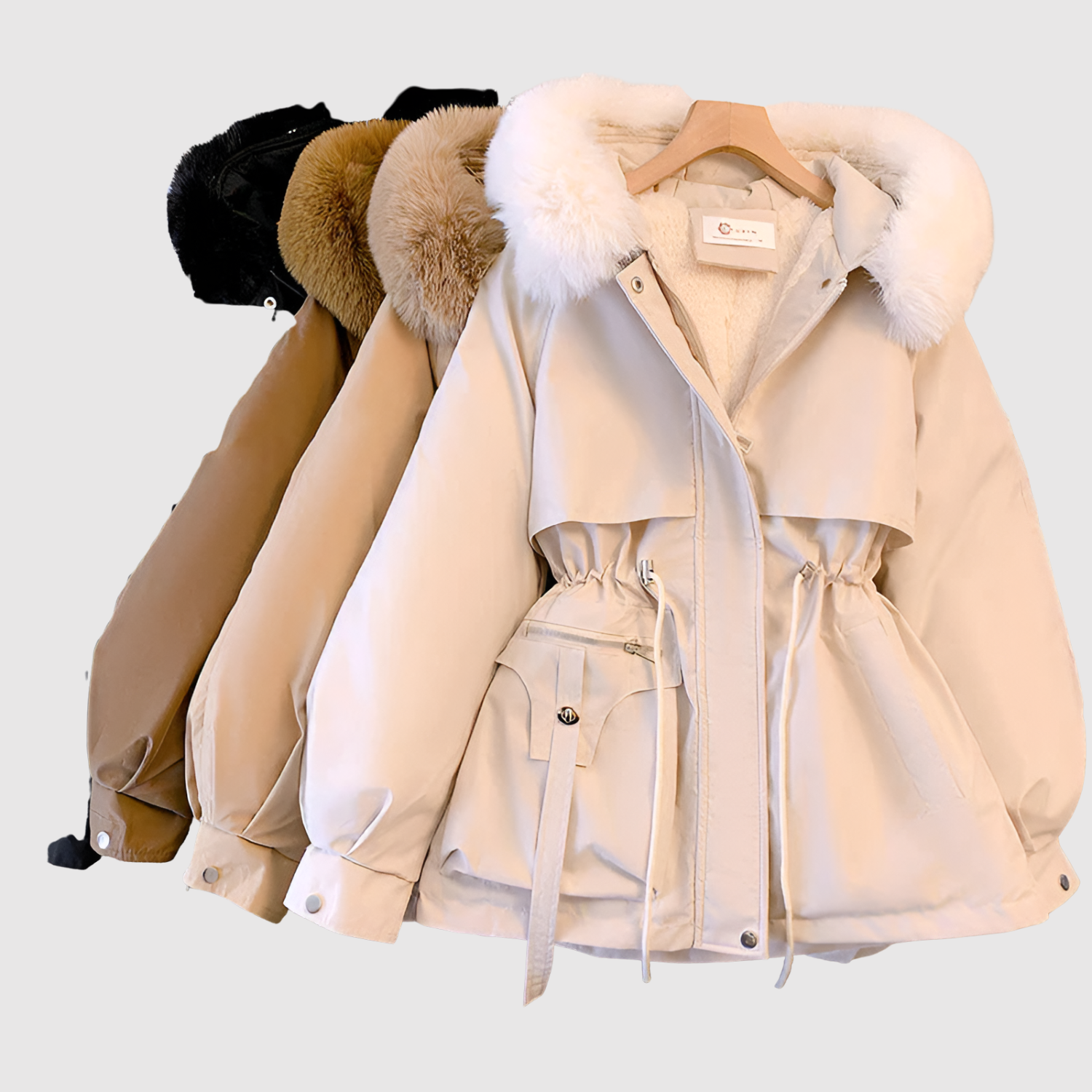 Lange winterparka met gewatteerde capuchon en diepe zakken in effen donkere kleur voor dames