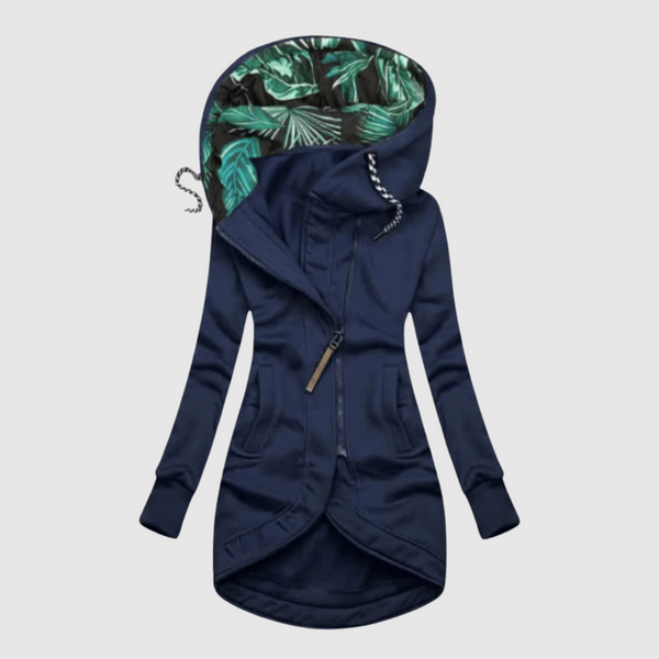 Elegante lange dames parka met capuchon en diepe steekzakken in effen kleur