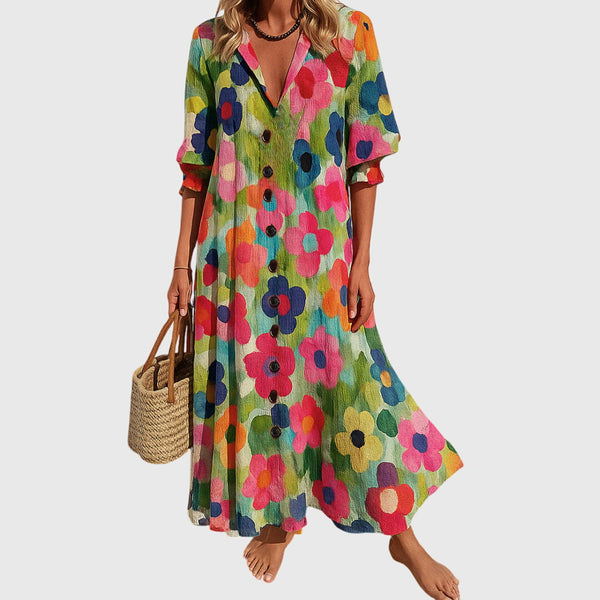 Elegante slankmakende jurk met kantdetails en luchtige boho print voor dames
