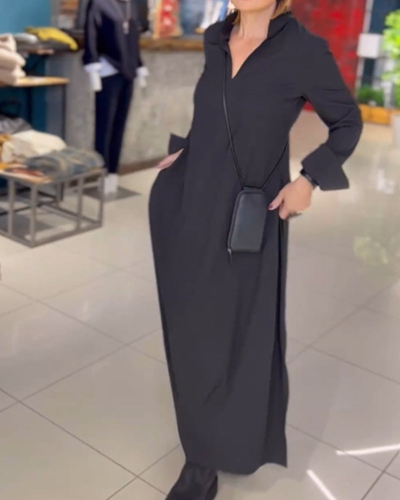 Losse maxi jurk voor dames in effen kleur met reverskraag en lange mouwen