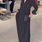 Losse maxi jurk voor dames in effen kleur met reverskraag en lange mouwen