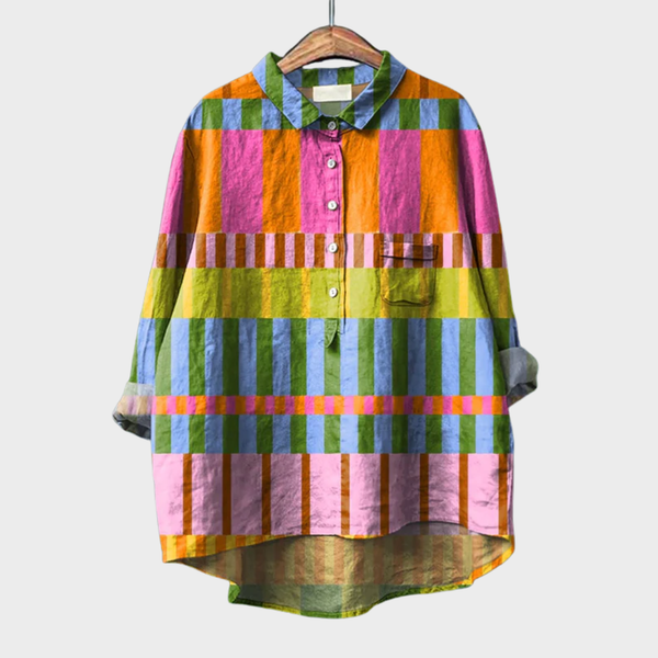 Elegante dames zomerblouse in luchtige stof met artistieke print en lange mouwen