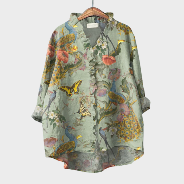 Dames zomerblouse met verfijnde artistieke print en lange mouwen in lichte stof