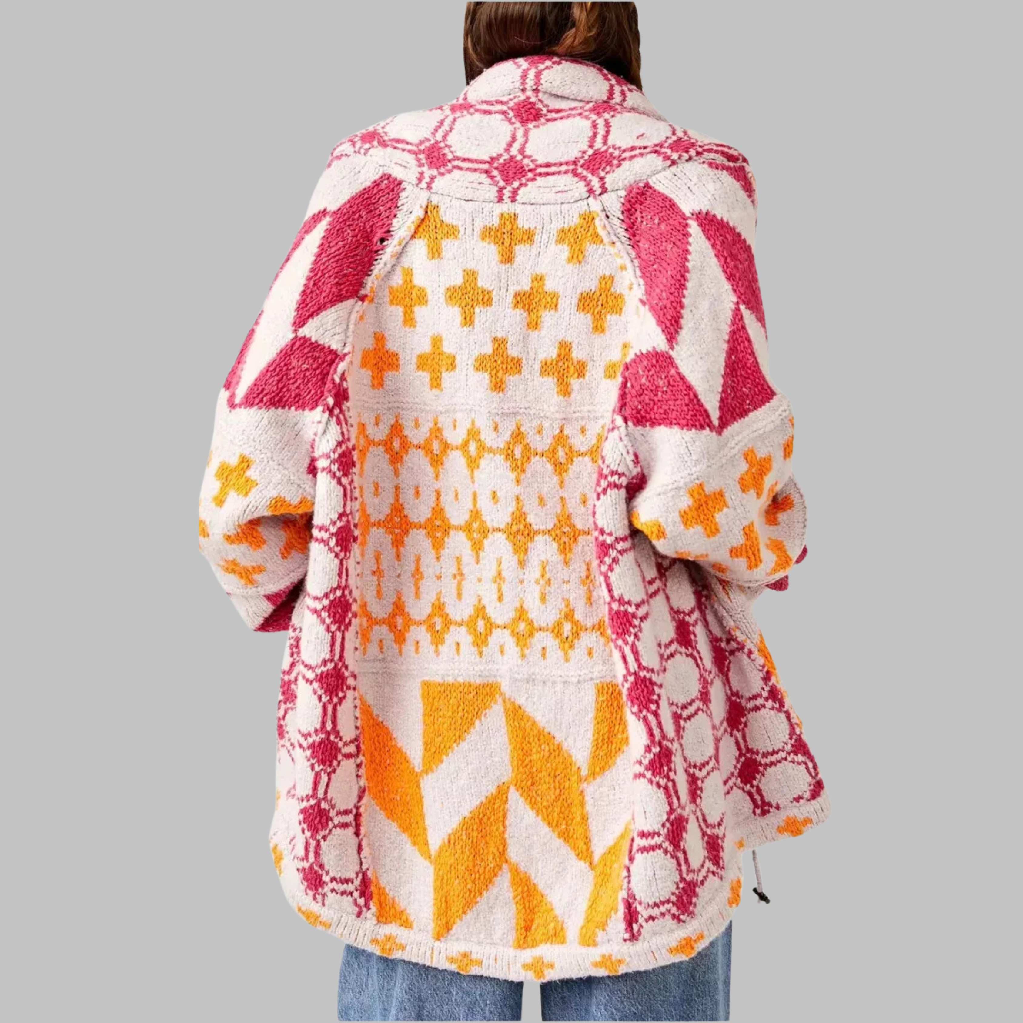 Open gebreid dames vest met geometrische print en lange mouwen in ruime pasvorm